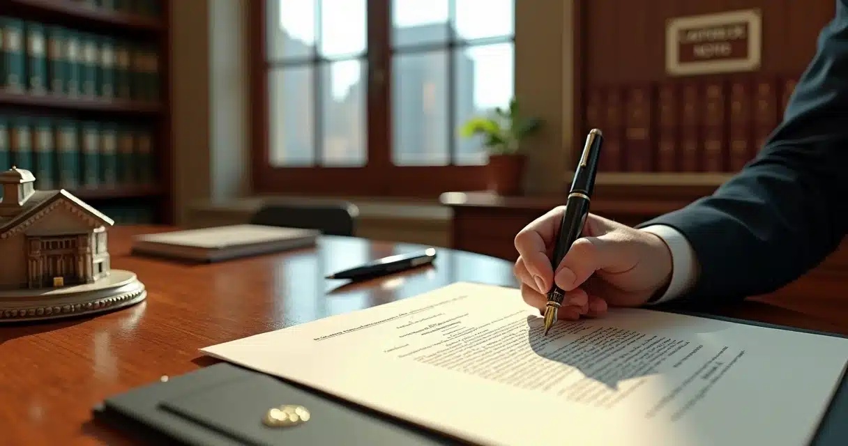 Tabelião em cartório assinando escritura com planta de imóvel ao fundo